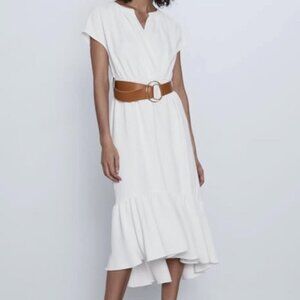 ZARA White Belted Ruffle Hem Midi Dress Women’s Size L NWT